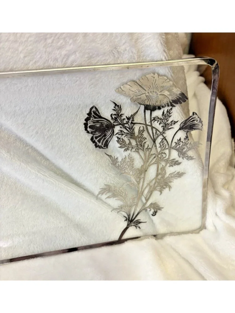 VTG MCM 1950's Silver City Floral Poppy Glass Overlay Platter Horderves Tray